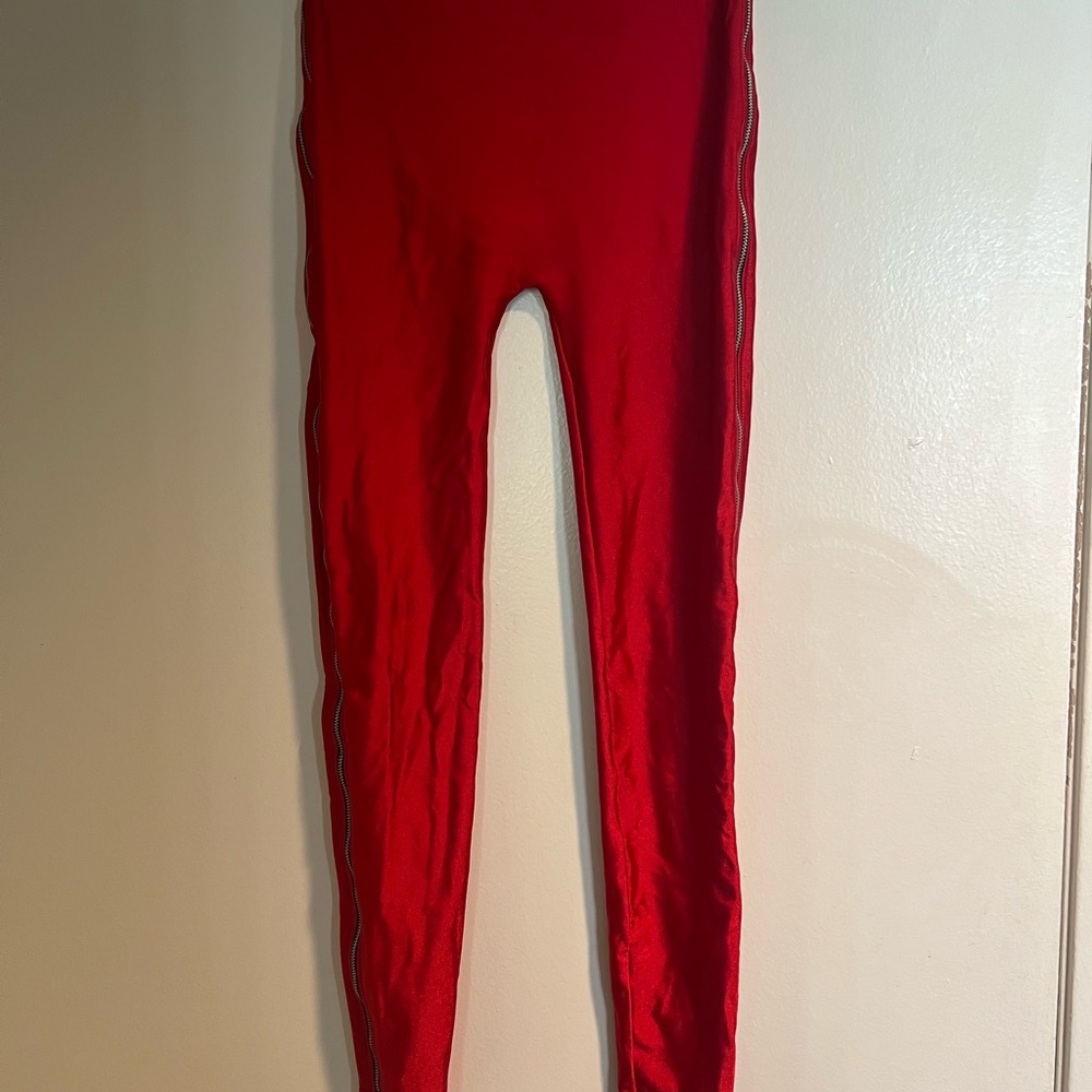 Shiny American Apparel Red Leggings Stretchy Full-Length with zippers size S/M